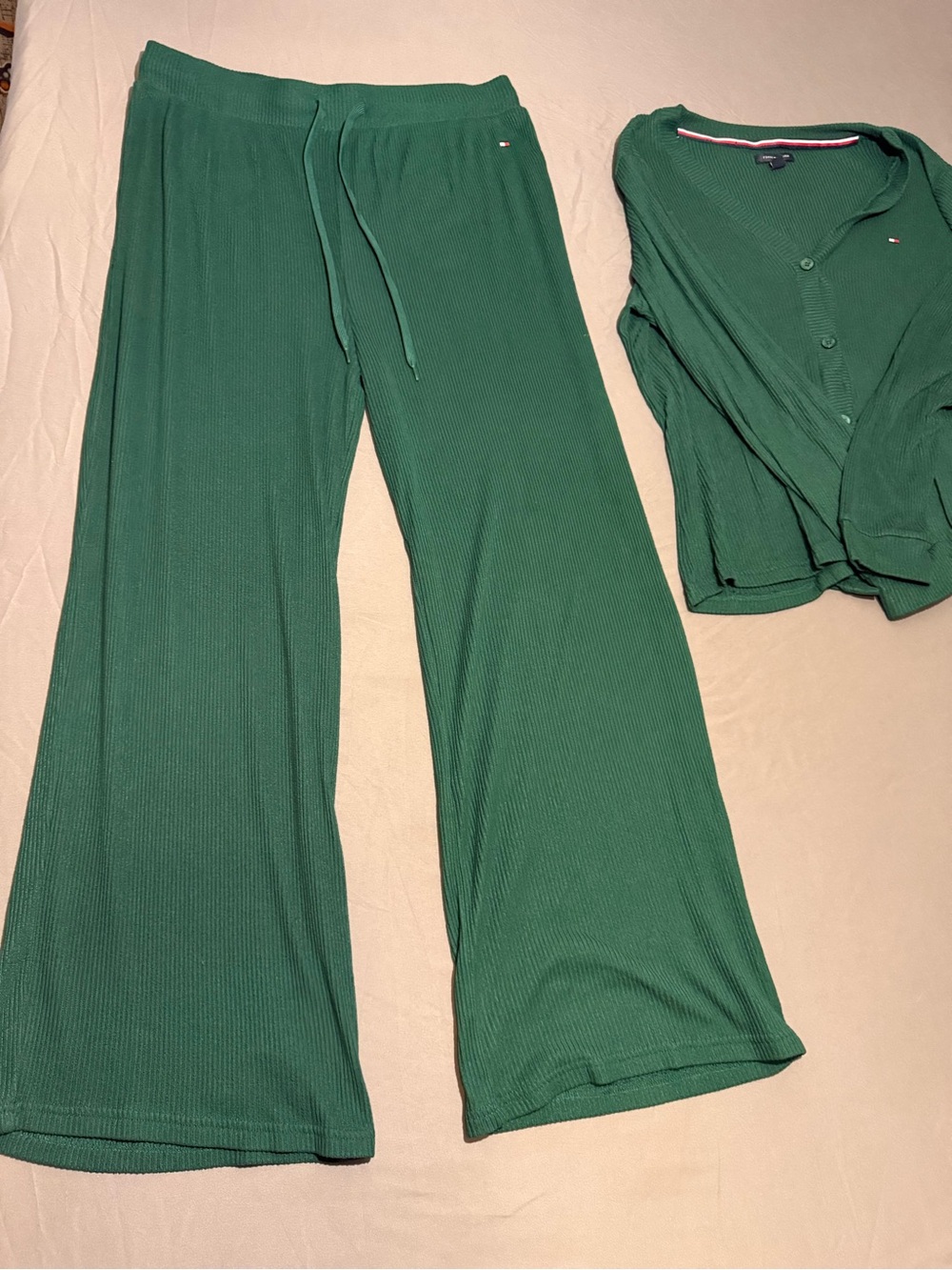 Tommy Hilfiger Emerald Green Ribbed Wide-Leg Knit Pants